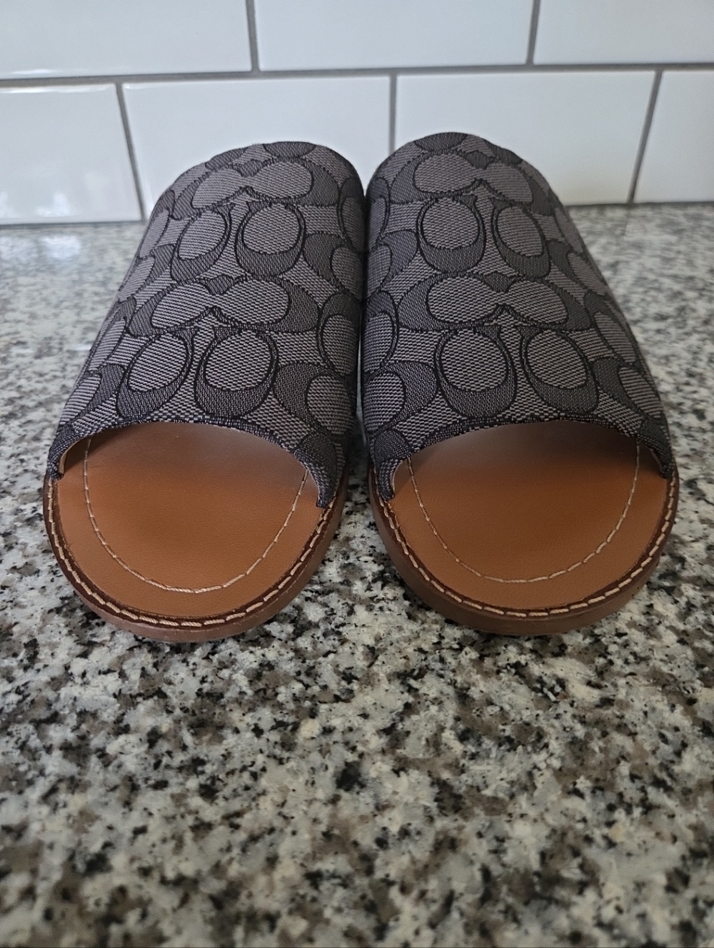 Coach Hazel Gray Signature Slide Sandals with Tan Footbed - Picture 3 of 6